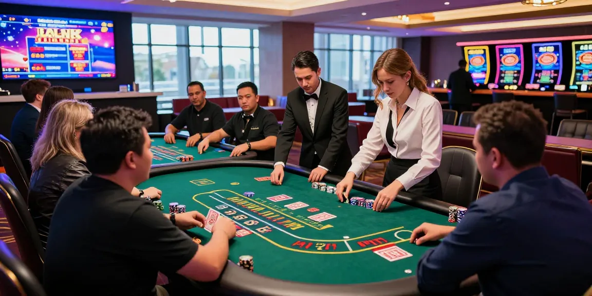 Mildcasino Live Taruhan Online vibrant casino scene with players enjoying baccarat and roulette at luxurious tables.