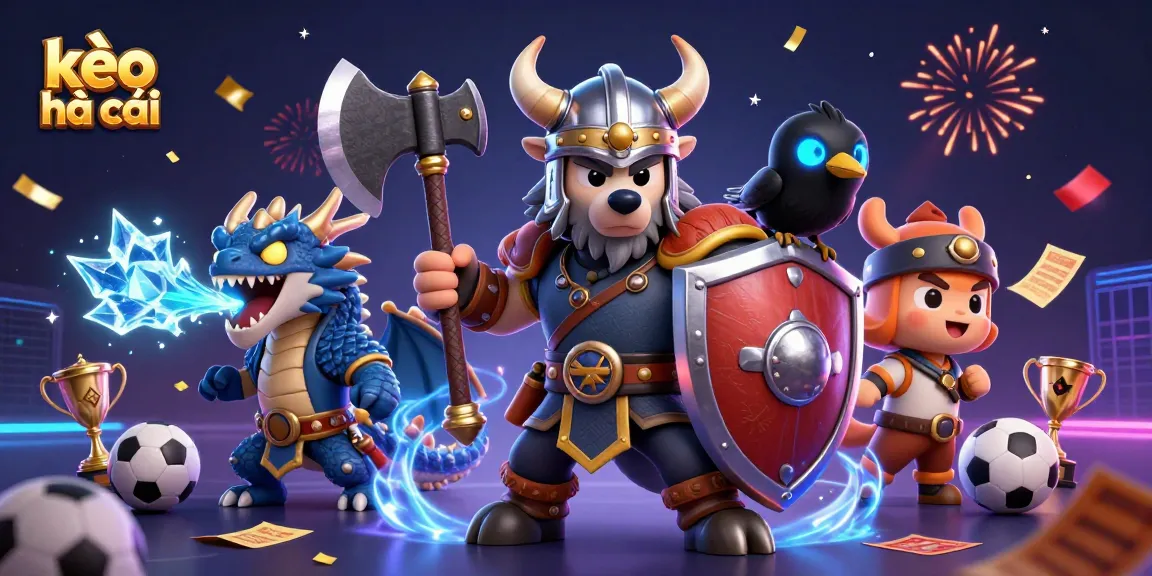 Engage with kèo nhà cái in a vibrant gambling scene featuring a Viking warrior, dragon, and sports elements.