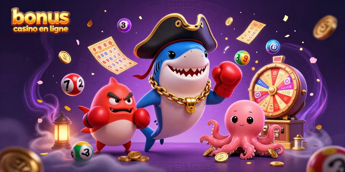 Visitez notre illustration de bonus casino en ligne avec un requin pirate et un poulpe, y compris des éléments de jeu.