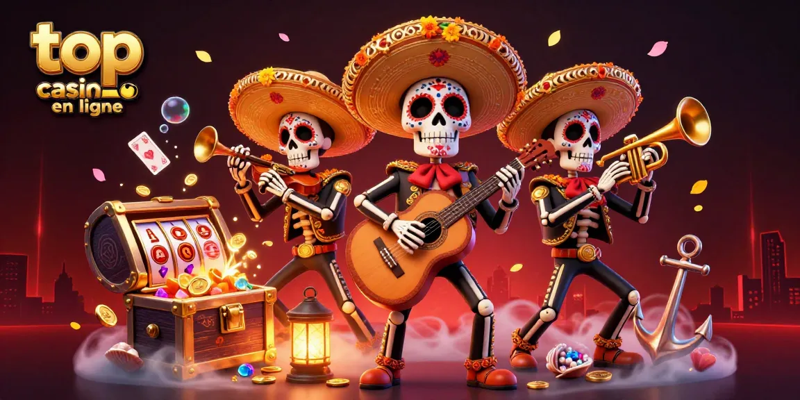 Jouez dans le top casino en ligne avec une illustration vibrante de band de mariachi squelettique.