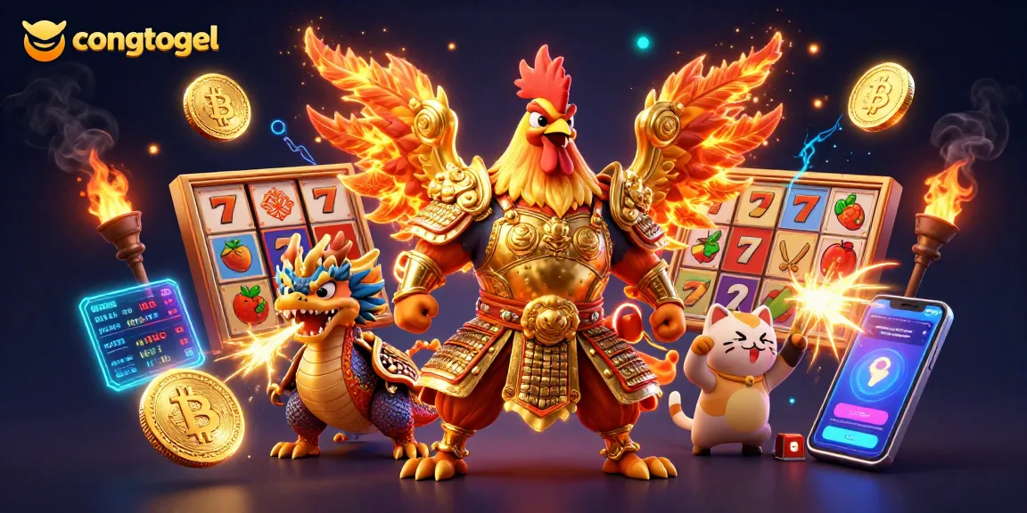 Engage with congtogel's thrilling slot games featuring cartoon warriors and golden sparks.