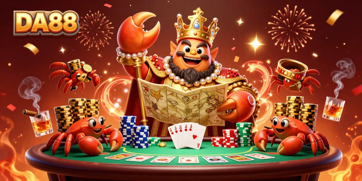 Engage with DA88's stunning 3D cartoon illustration showcasing a golden crab emperor amidst vibrant casino elements for an unforgettable experience.