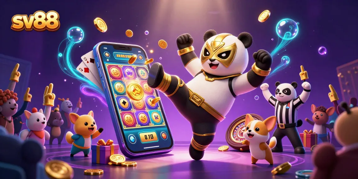 sv88 showcases a vibrant casino scene with a panda wrestler executing a kick surrounded by cheering animals.