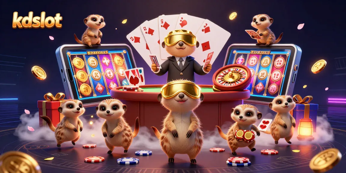 Kdslot meerkats masterfully running a casino operation, surrounded by vibrant gaming elements.