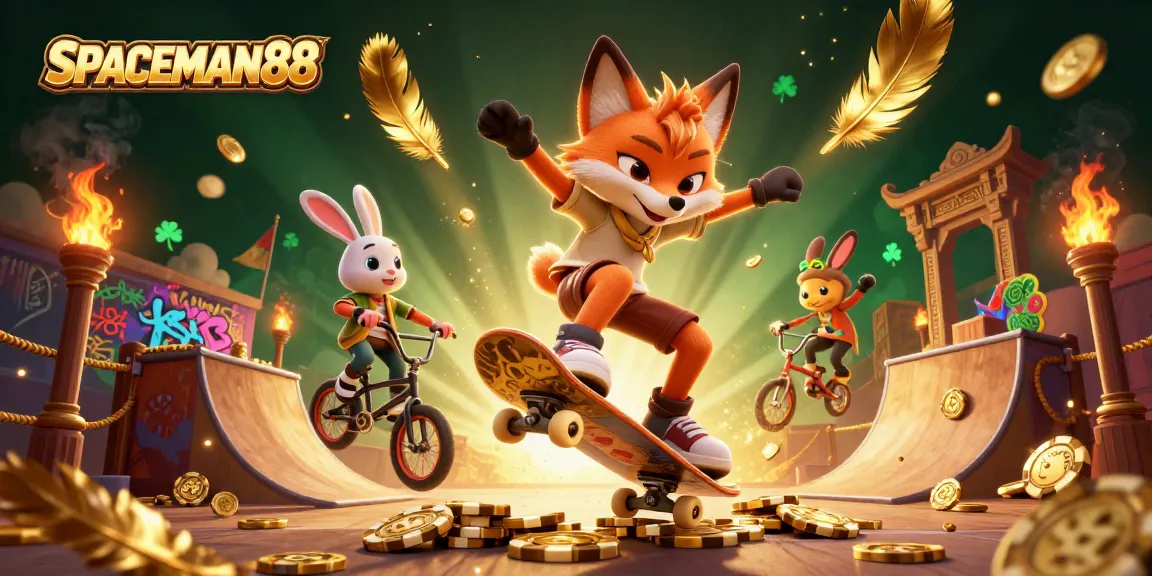 Experience SPACEMAN88 with a skateboarder fox and BMX rabbit in a vibrant casino-themed scene.