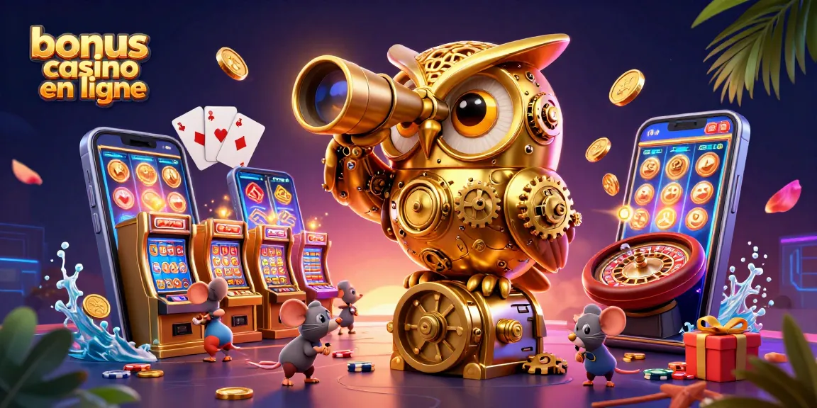 Profitez des bonus dans le casino en ligne avec une scène animée de machines à sous et un hibou doré.