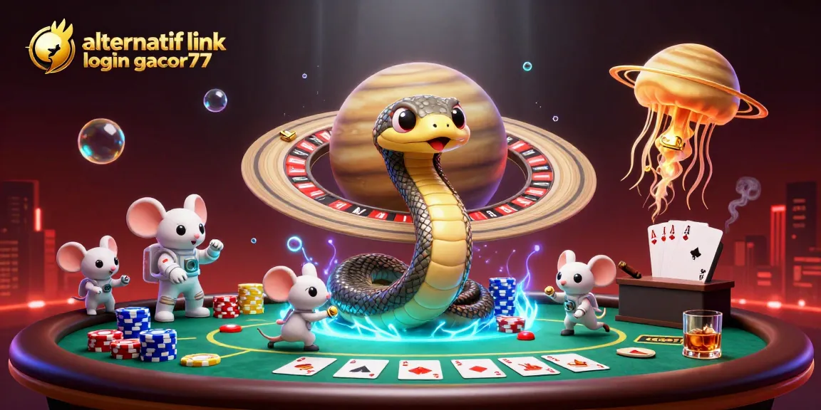 Engage with alternatif link login gacor77 in a vibrant casino-themed 3D illustration showcasing unique gambling elements.