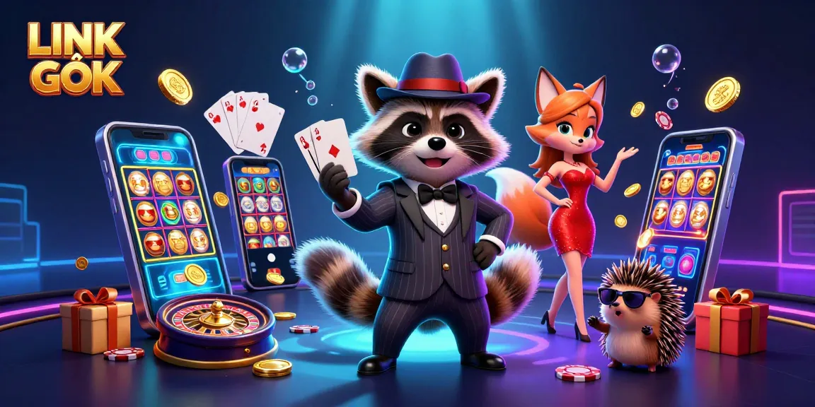 Experience the excitement of LINK GỐC with a suave raccoon, elegant fox, and bouncer in a vibrant casino scene.