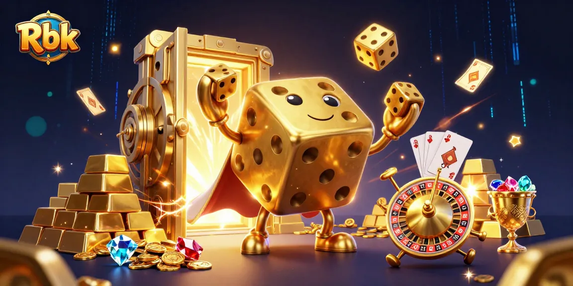 Roll with Rbk's golden dice in a vibrant casino scene filled with treasures and excitement.