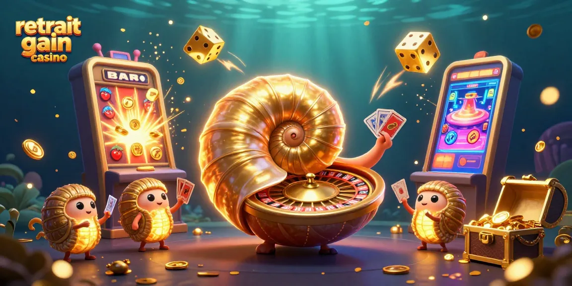Retrait gain casino dans un univers ludique avec une scène dynamique de casino animé, incluant une nautilus géant.