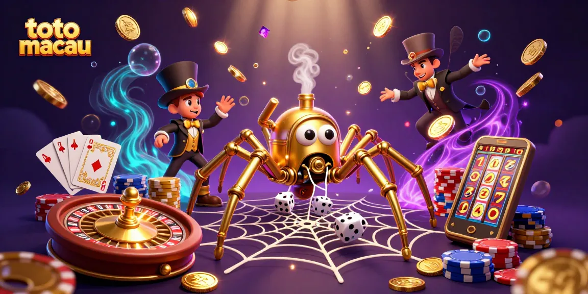Experience the thrill of toto macau with a 3D steampunk spider's web, catching lucky symbols and casino elements.
