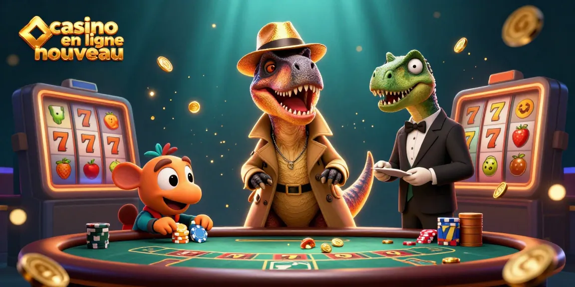 Illustration dynamique mettant en scène un velociraptor dans un casino en ligne nouveau, jouant aux machines à sous entouré de jetons.