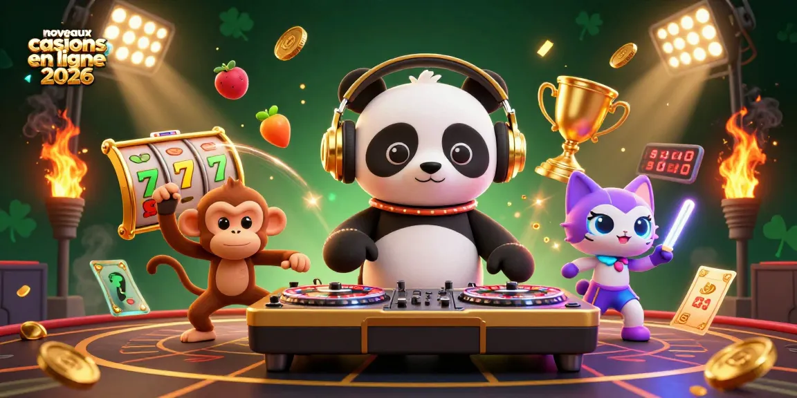 Découvrez les nouveaux casinos en ligne 2026 avec un DJ panda et un singe dans une scène de fête animée.