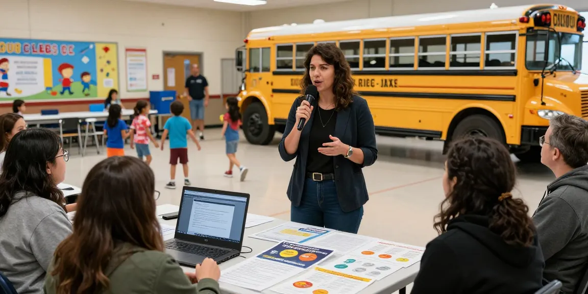 Jodi Ruta leading a community meeting on school bus safety, emphasizing child safety advocacy.