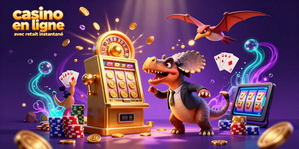 Des gains rapides dans un casino en ligne avec retrait instantané, illustrés par une scène animée d'un dinosaure et d'une machine à sous.
