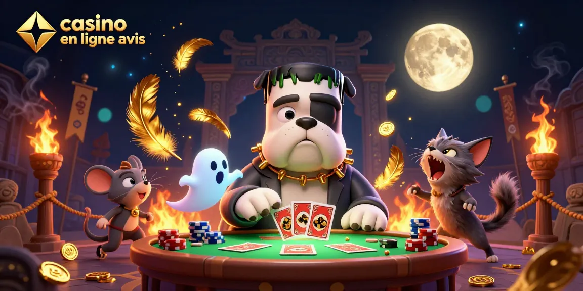 Le bulldog Frankenstein distribue des cartes à un casino en ligne, avec une ambiance effrayante dans l'illustration.