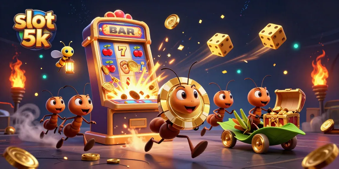 Experience thrilling action with slot 5k as ants carry a massive poker chip, surrounded by vibrant casino elements.