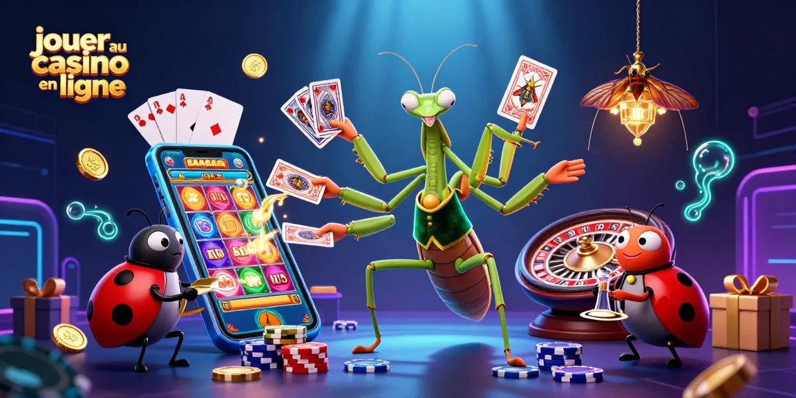 Jouer au casino en ligne : illustration de jeu dynamique avec croupiers 3D, appareils de jeu et ambiance festive.