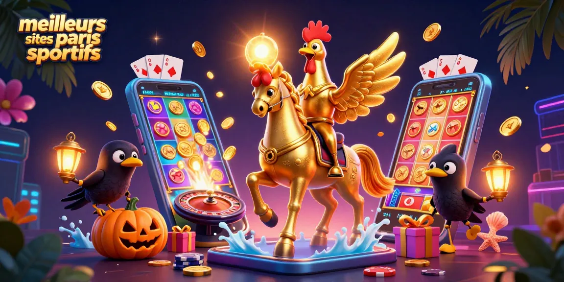 Illustration dynamique de meilleurs sites de paris sportifs avec un coq doré et un casino nocturne.