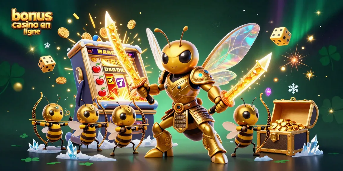 Illustration dynamique de bonus casino en ligne avec un frelon géant et des éléments de jeu captivants.