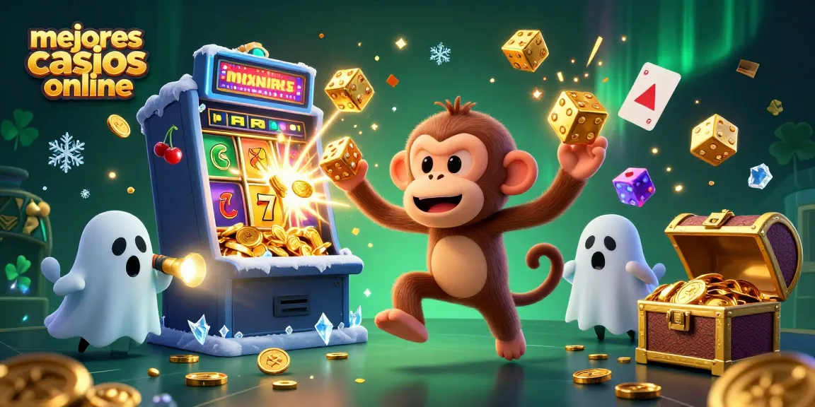 Descubre los mejores casinos online mientras un simpático mono y un cachorro cazador de fantasmas juegan con monedas doradas.