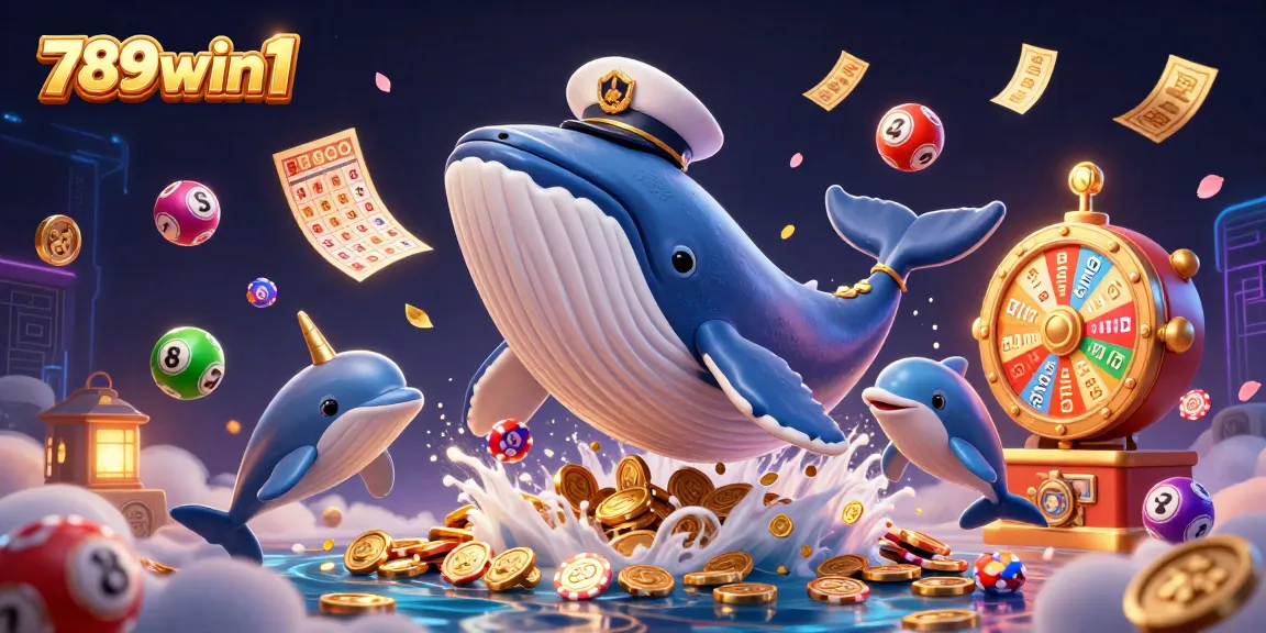 789win1 captures a vibrant 3D scene of a whale and friends amidst thrilling casino elements.