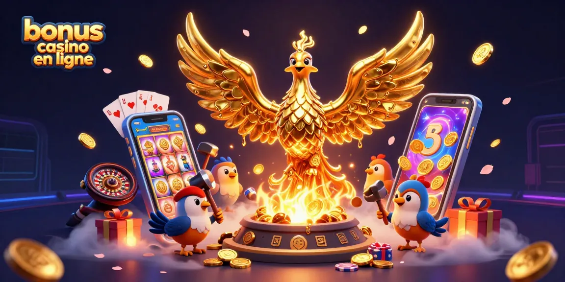 Bonus casino en ligne : Illustration d'un phoenix doré émergeant d'une forge avec des assistants, entouré de jeux de casino.