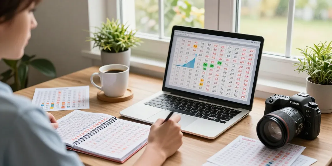 Analisis nomor rejeki di meja kerja dengan catatan dan grafik di pagi hari.