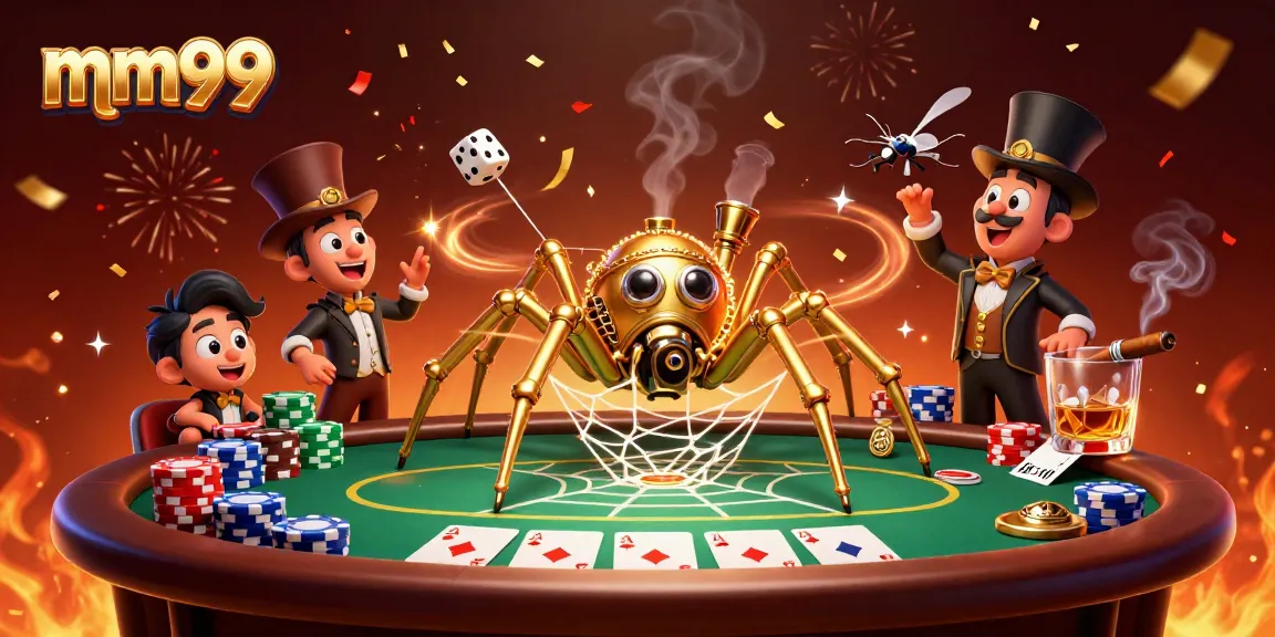 Experience thrilling gaming at mm99 with a vibrant 3D steampunk casino scene showcasing poker elements.