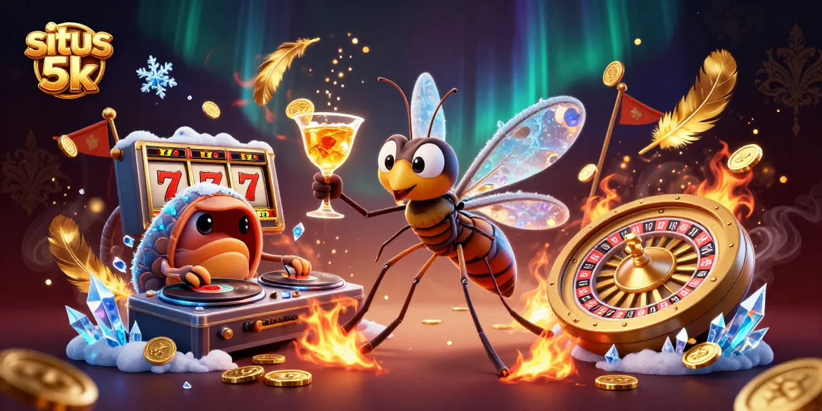 Experience thrilling wins at situs 5k with a vibrant casino scene featuring creative characters and iconic gaming elements.