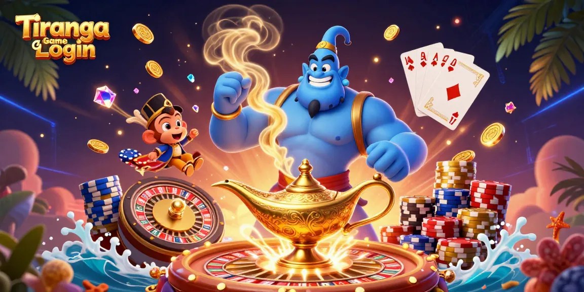 Tiranga Game Login showcasing exciting gaming visuals with a genie, coins, and poker elements for an engaging experience.