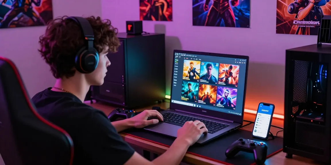 Young adult gaming enthusiast enjoying indocair digital games on a sleek laptop in an energized environment.