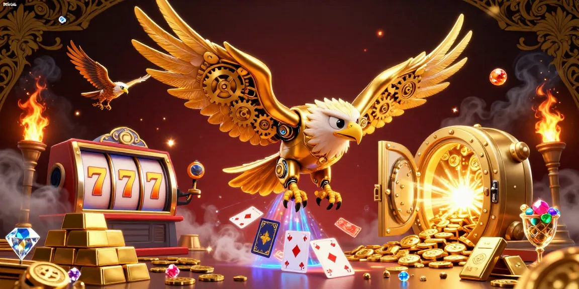 Experience the thrill of hitclub with a vibrant 3D casino scene showcasing an eagle diving through holographic cards and slot elements.