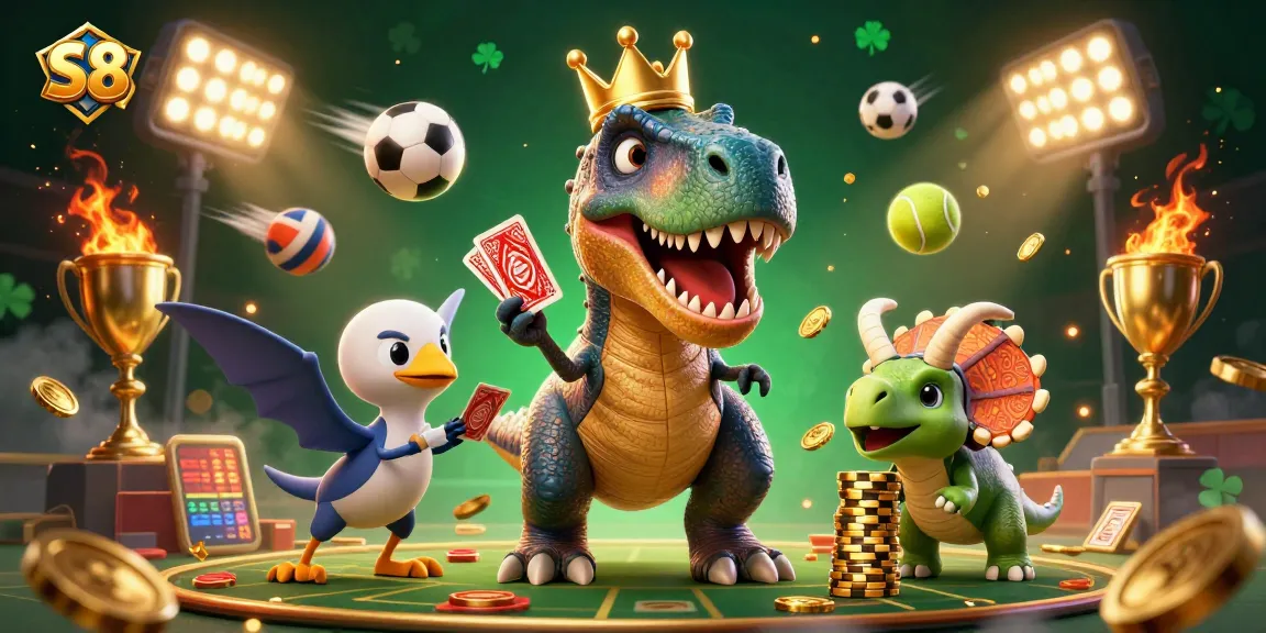 S8 captivates with a 3D illustration of a T-Rex shuffling cards, enhancing sports betting excitement.
