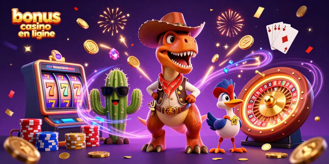 Visuel illustratif pour un bonus casino en ligne avec un T-Rex cowboy et de nombreux éléments de jeu
