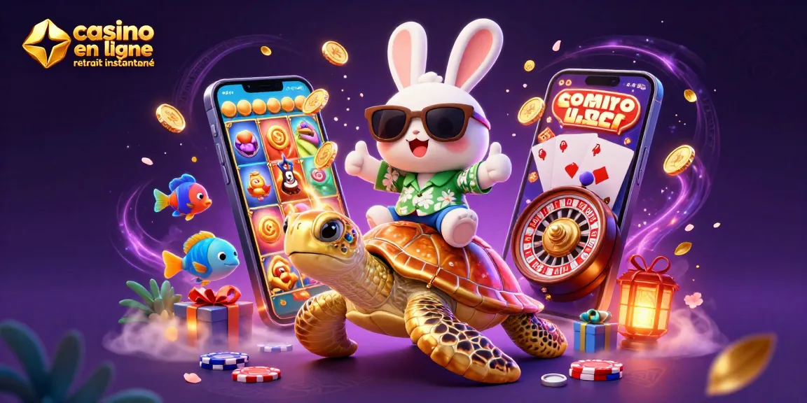 Plonger dans l'univers du casino en ligne retrait instantané avec un adorable lapin et une tortue dorée au milieu d'éléments de jeu.