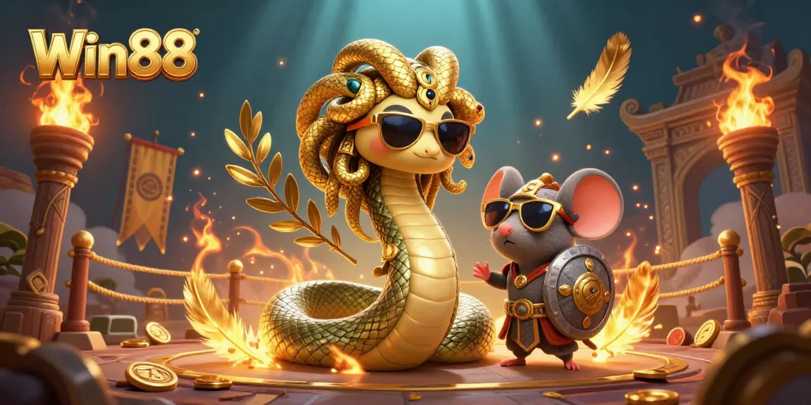 Win88 brings excitement with Medusa and a warrior mouse in a vibrant casino scene.