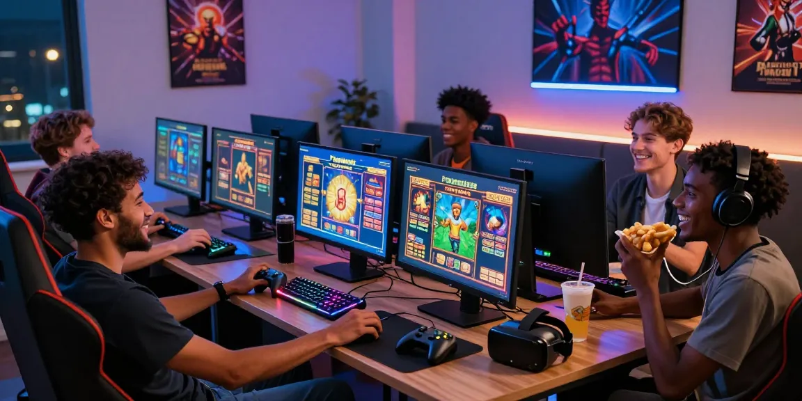 Playbook88 gaming experience with friends enjoying high-RTP slot games in a vibrant gaming room.