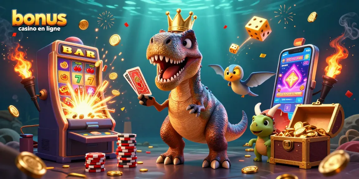 Illustration animée d'un T-Rex jouant avec des cartes et des jetons dans un bonus casino en ligne festif.