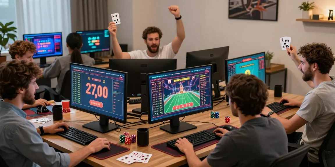 Engaged players at online betting website newbet4d, celebrating wins and strategizing in a vibrant home office.