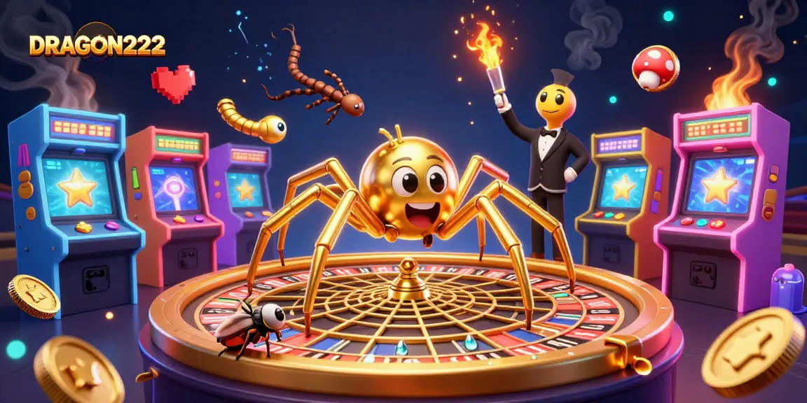 Experience thrilling wins with DRAGON222 as a golden spider spins a roulette wheel web.