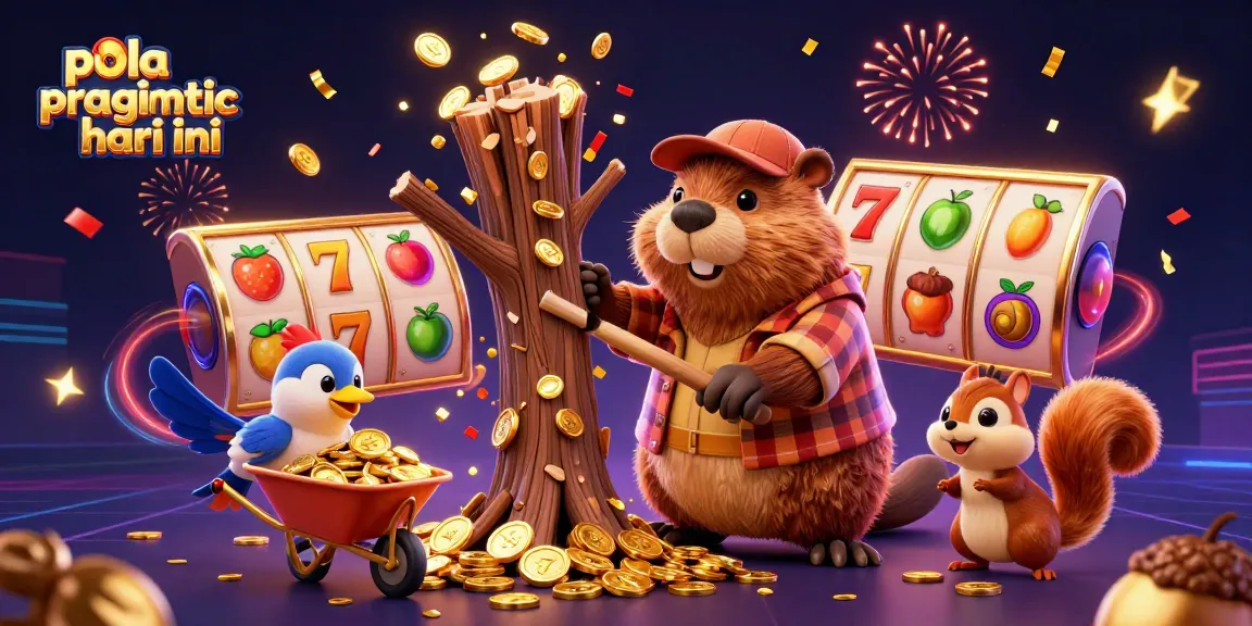 Experience fun with pola pragmatic hari ini featuring cartoon characters, slot reels, and gold coins raining down.