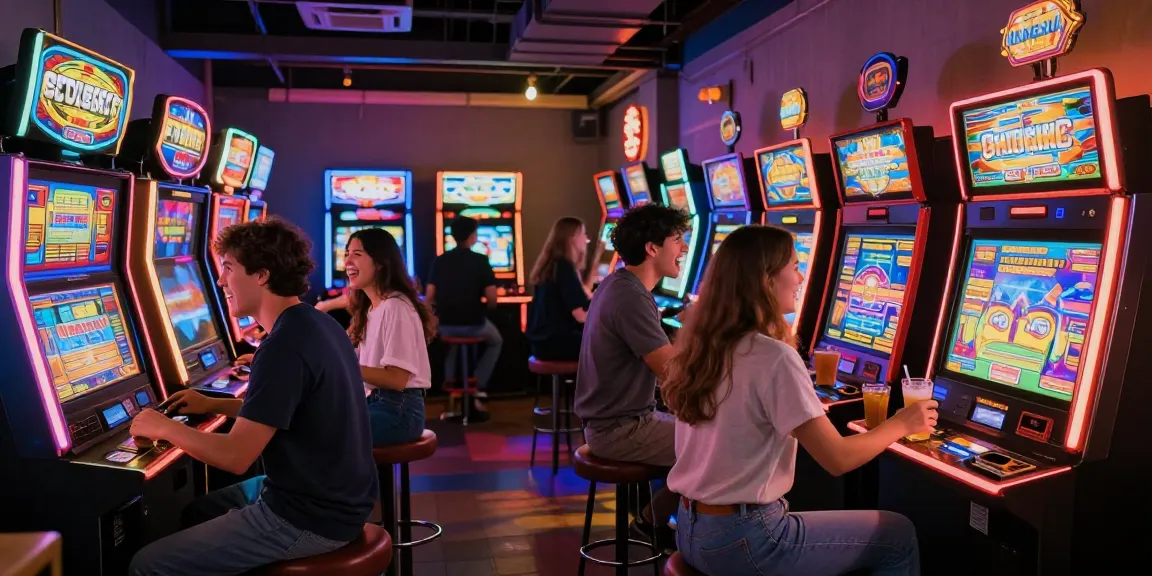Pengunjung vegas123 menikmati permainan slot di bar arcade yang ramai.