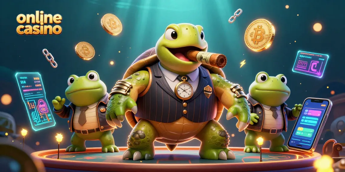 Experience the excitement of an online casino with a turtle mobster and crypto elements.