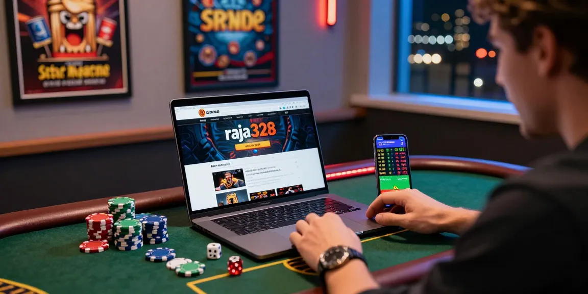 A person enjoying online gaming on situs raja328 with chips and sports betting on smartphone.