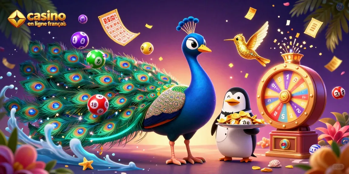 Explorez le casino en ligne français avec un paon majestueux, un pingouin serveur et un colibri, tous entourés d'éléments de jeu dynamiques.