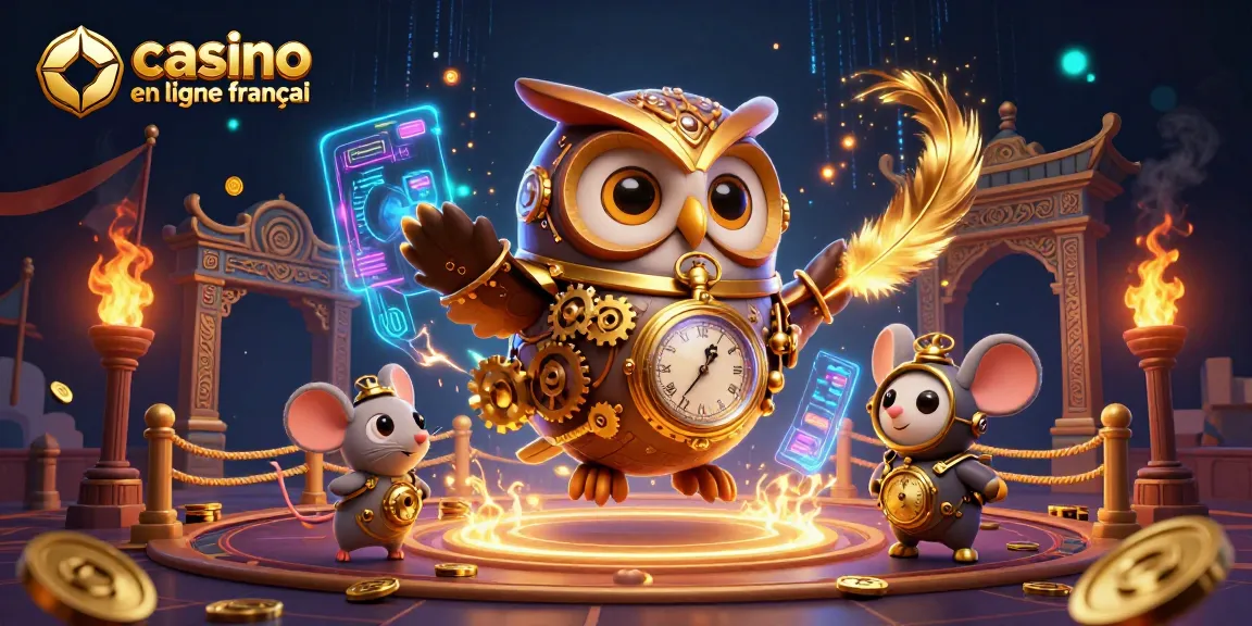 Découvrez le casino en ligne français avec une scène dynamique incluant un hibou voyageur du temps.