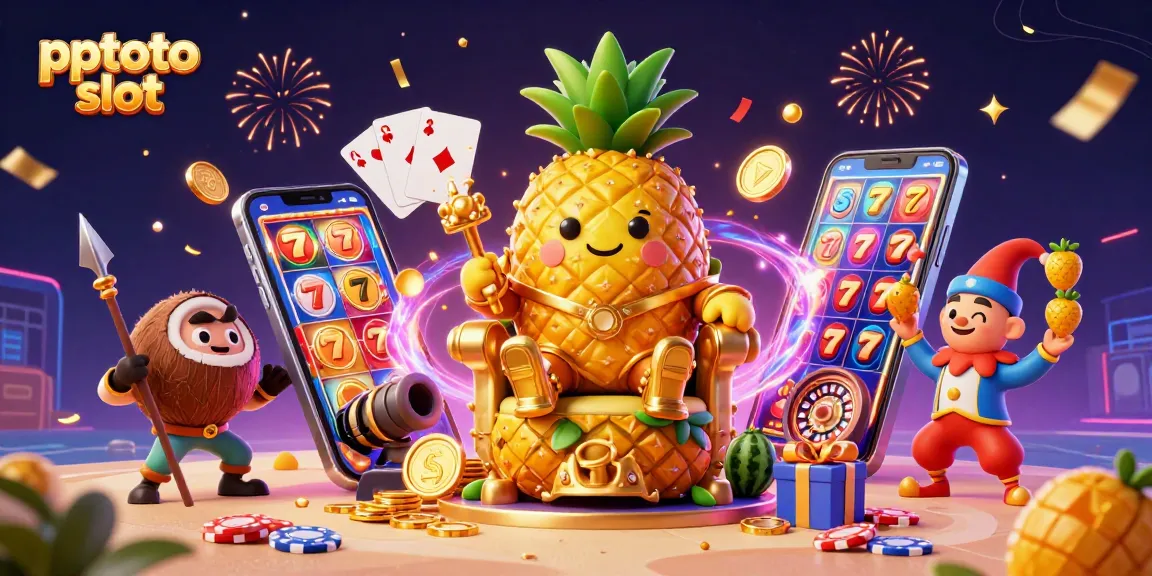 Pptoto slot showcase with vibrant casino characters and elements celebrating winnings.