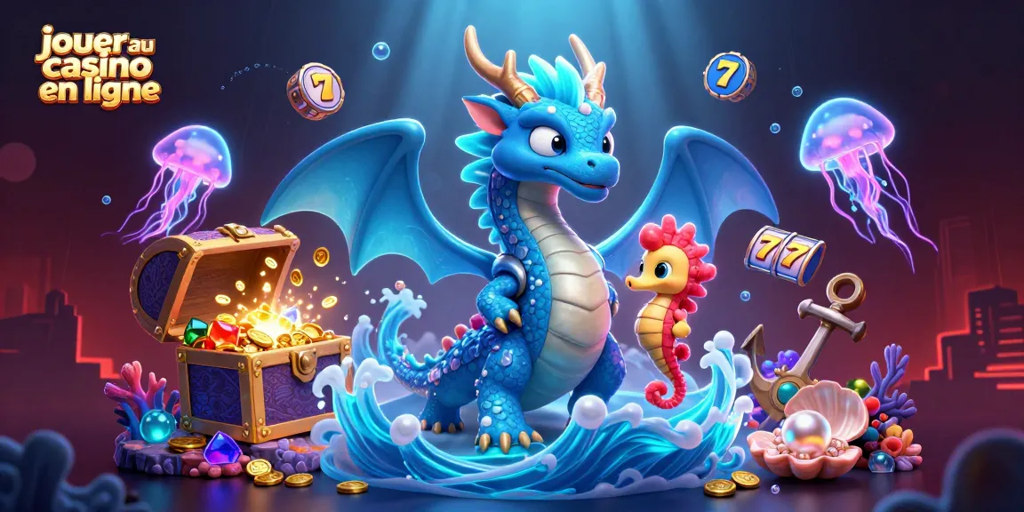 Jouer au casino en ligne avec une illustration d'un dragon aquatique et des trésors sous-marins.