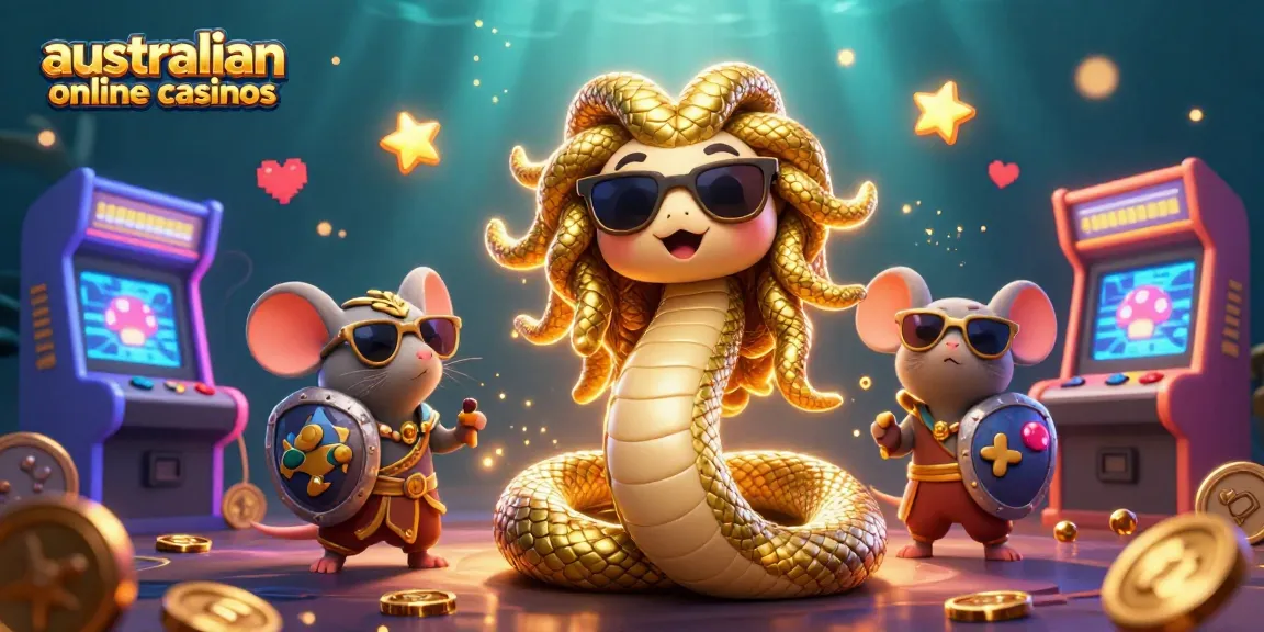 Experience australian online casinos with a dynamic 3D illustration featuring charismatic characters and engaging gaming elements.